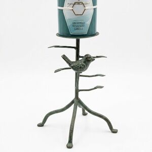 Verdigris Metal Bird on Branch Candle Holder with Candle